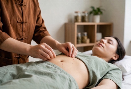 Practitioner performing abdominal acupuncture in a calm clinic